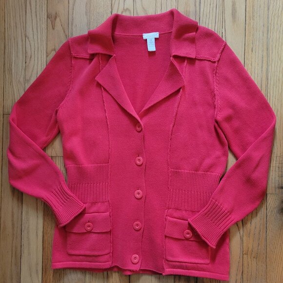 Chicos Cotton Blend Red Button-Up Cardigan Jacket With Pockets Size 0 Small - Picture 2 of 7